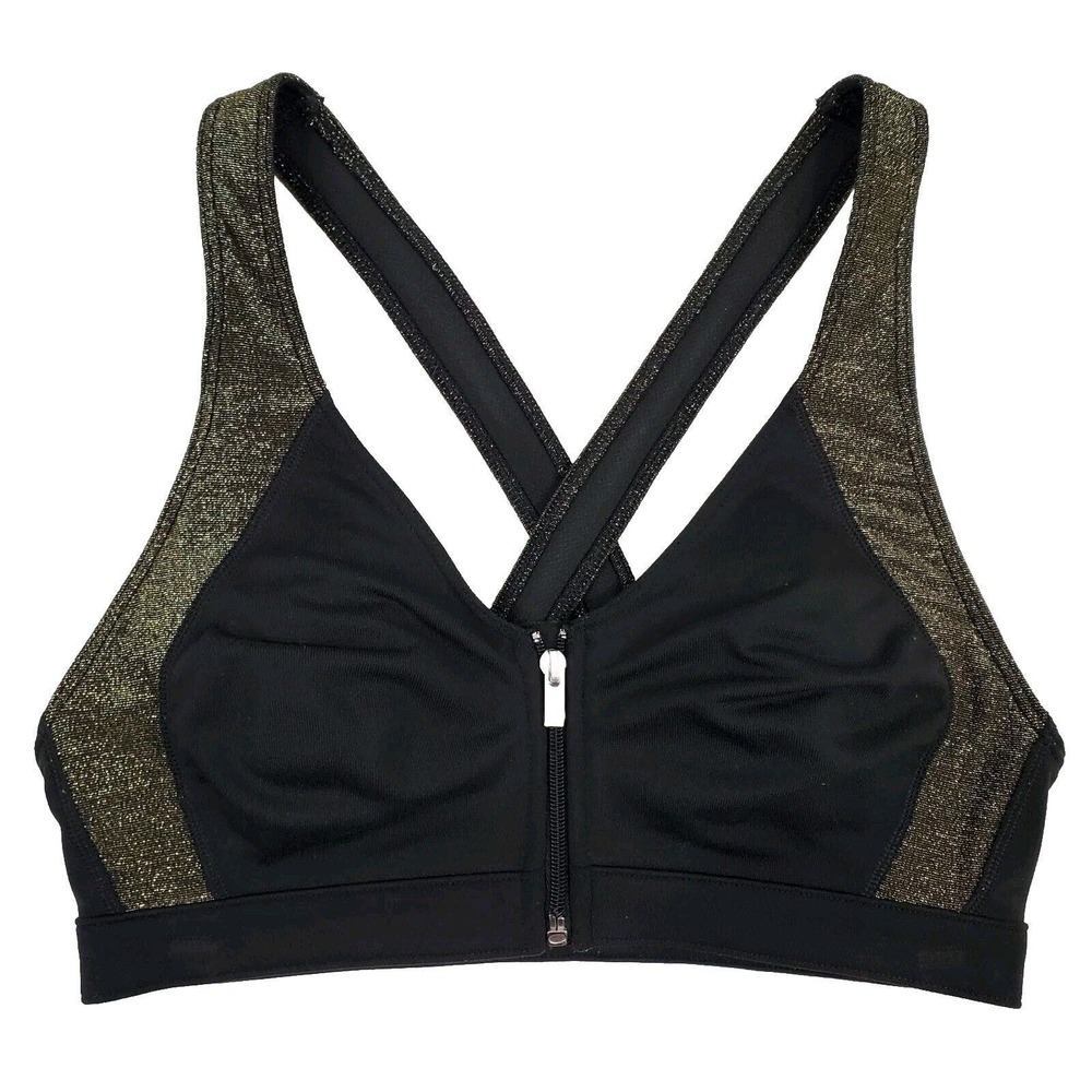Victorias Secret Sports Bra Sz S Criss cross Back Front zip Metallic Gold